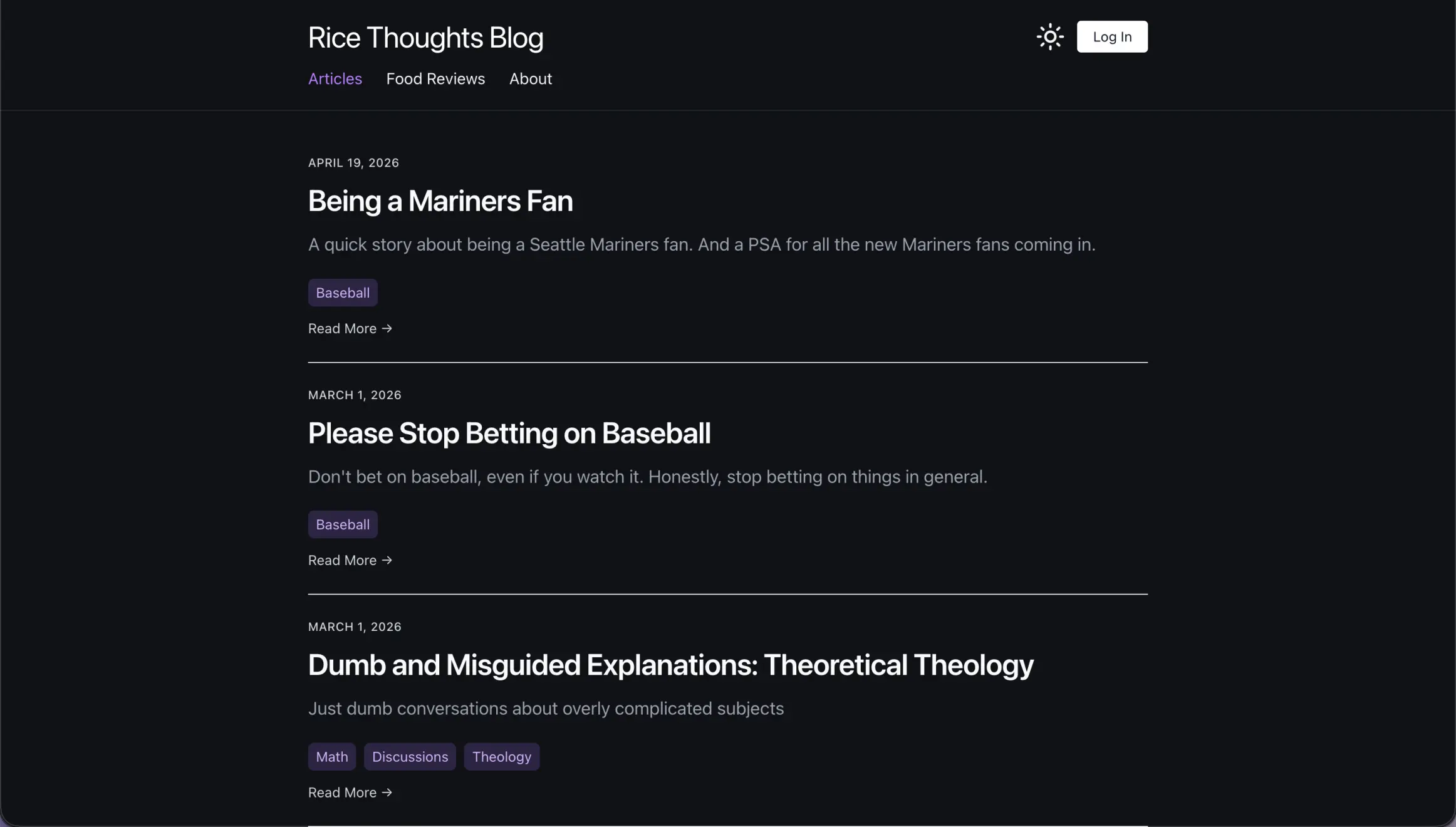 Rice Thoughts blog homepage and article layout